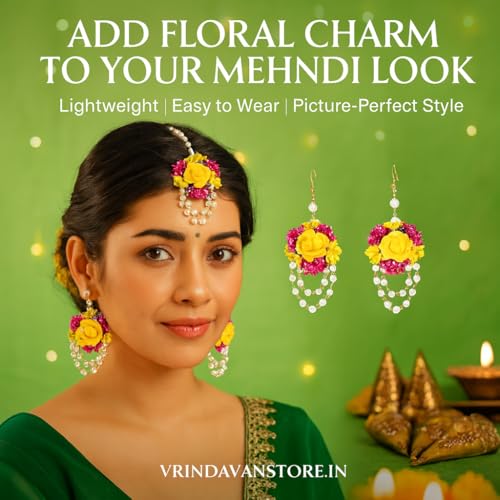 Vrindavanstore.in Haldi-Mehndi Floral Jewellery Set for Bride | Yellow-Pink Foam Flowers with Pearls | Lightweight | Reusable | Perfect for Haldi, Mehndi & Wedding Functions - Image 5