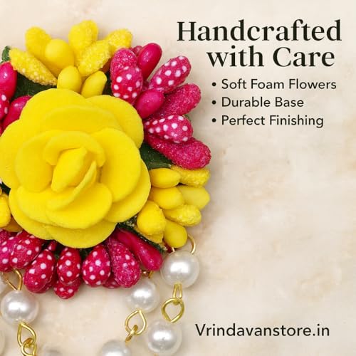 Vrindavanstore.in Haldi-Mehndi Floral Jewellery Set for Bride | Yellow-Pink Foam Flowers with Pearls | Lightweight | Reusable | Perfect for Haldi, Mehndi & Wedding Functions - Image 2