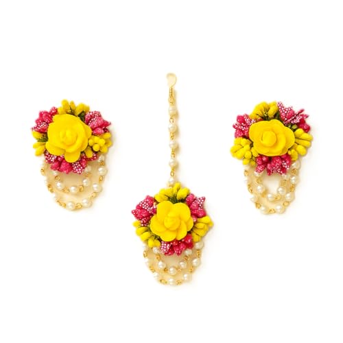 Vrindavanstore.in Haldi-Mehndi Floral Jewellery Set for Bride | Yellow-Pink Foam Flowers with Pearls | Lightweight | Reusable | Perfect for Haldi, Mehndi & Wedding Functions - Image 1