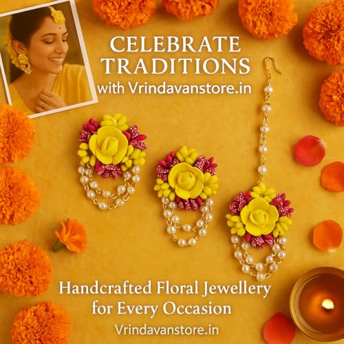 Vrindavanstore.in Haldi-Mehndi Floral Jewellery Set for Bride | Yellow-Pink Foam Flowers with Pearls | Lightweight | Reusable | Perfect for Haldi, Mehndi & Wedding Functions - Image 4