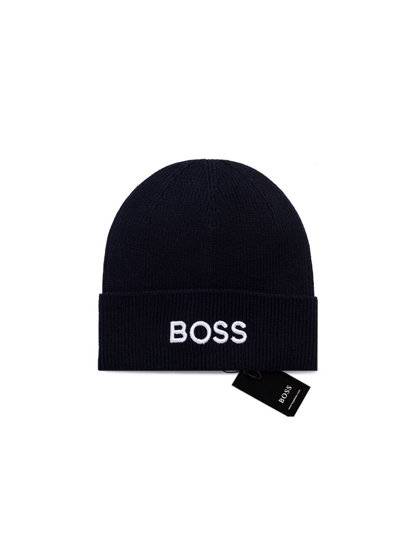 BOSS Navy BOSS Knit Beanie: Embroidered Logo Ribbed Winter Hat
