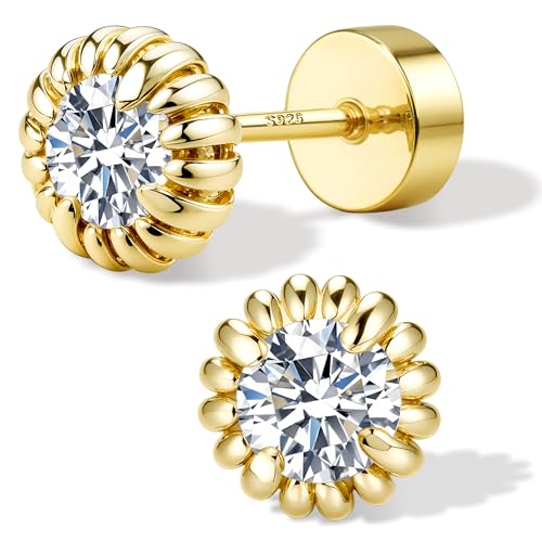GEMQUEEN Moissanite Daisy Stud Earrings, 14K Gold Plated, Sterling Silver, D Color, VVS1 Clarity, 4MM, Unisex, Screw Back, Perfect for Wedding, Anniversary, Graduation, Birthday, Party - Image 1
