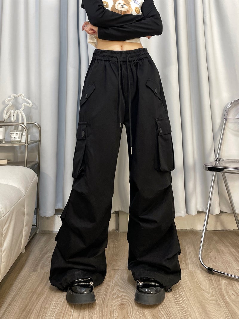 Cool girl American retro overalls women's washed cotton pleats layered loose hip-hop pants trendy - Image 2