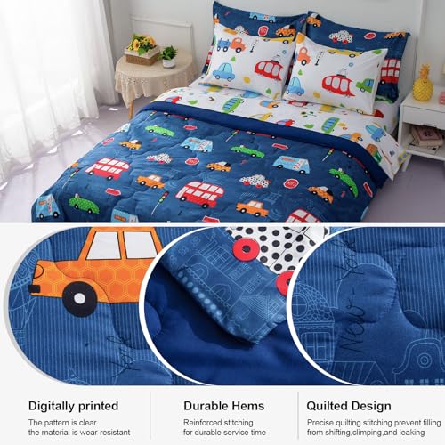 Wajade Cartoon Cars Comforter Set Bed in A Bag Queen Size Colorful Cars Bus Van Traffic Lights Bedding Set for Boys Kids 1 Comforter 1 Flat Sheet 1 Fitted Sheet 2 Pillowcase and 2 Pillow Sham - Image 3