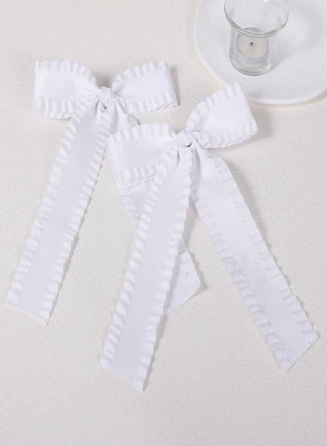 Miroksh 2Pcs Ruffle Ribbon Hair Bows for Women Girls,Big White Silky Satin Tassel Bowknot Hair Clips Barrettes with Long Tail Toddler Teens Kids Ponytail Holder Decor Accessories 5.5in - Image 2