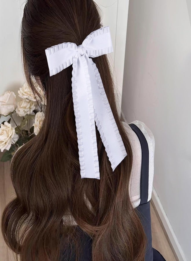Miroksh 2Pcs Ruffle Ribbon Hair Bows for Women Girls,Big White Silky Satin Tassel Bowknot Hair Clips Barrettes with Long Tail Toddler Teens Kids Ponytail Holder Decor Accessories 5.5in - Image 3
