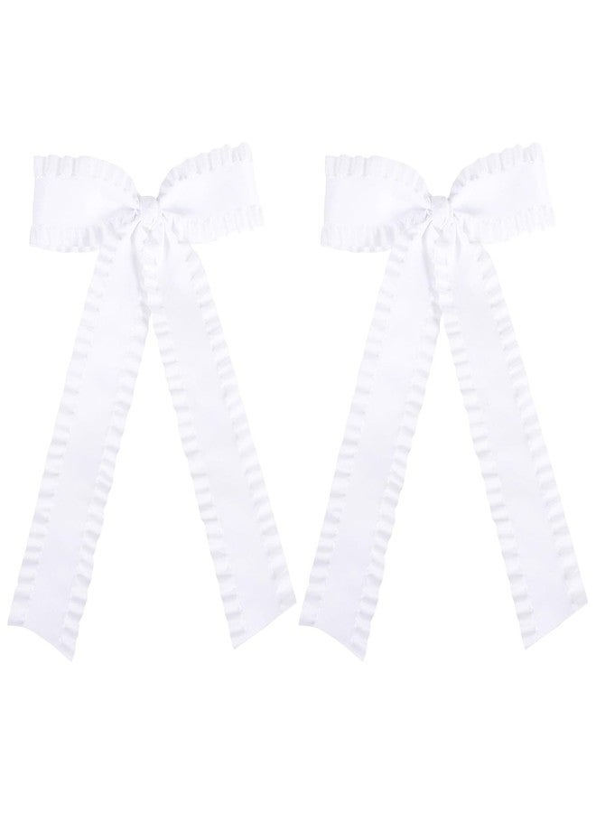 Miroksh 2Pcs Ruffle Ribbon Hair Bows for Women Girls,Big White Silky Satin Tassel Bowknot Hair Clips Barrettes with Long Tail Toddler Teens Kids Ponytail Holder Decor Accessories 5.5in - Image 1