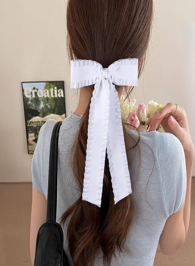 Miroksh 2Pcs Ruffle Ribbon Hair Bows for Women Girls,Big White Silky Satin Tassel Bowknot Hair Clips Barrettes with Long Tail Toddler Teens Kids Ponytail Holder Decor Accessories 5.5in - Image 4