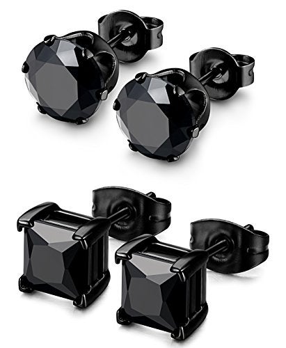 BESTEEL 2 Pairs Hypoallergenic Cubic Zirconia Black Stud Earrings for Men Women 316L Stainless Steel Square Round CZ Mens Earrings Studs Jewelry Set for Sensitive Ears 3-8MM Black 5mm - Image 1