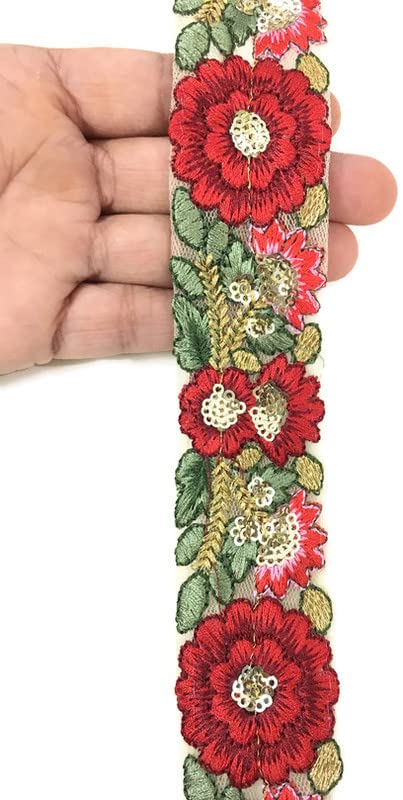 DaSync red lace and Border Materials Floral Flower Sequin Sequence Embroidered Embroidery Golden Dupatta Blouse Lehenga Sari Saree Blouse Dress Gown Decoration 9 Meter - Image 4