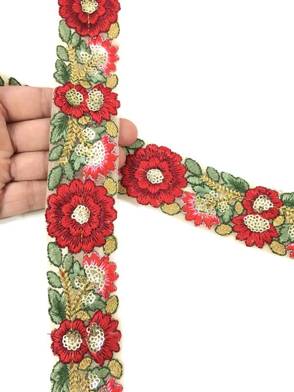 DaSync red lace and Border Materials Floral Flower Sequin Sequence Embroidered Embroidery Golden Dupatta Blouse Lehenga Sari Saree Blouse Dress Gown Decoration 9 Meter - Image 3
