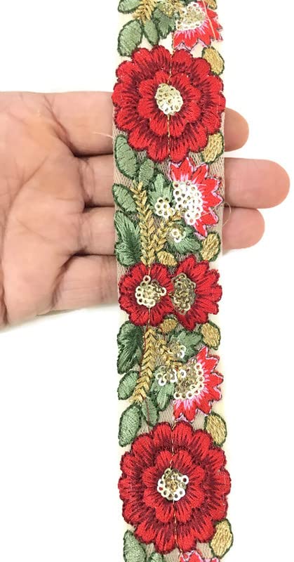 DaSync red lace and Border Materials Floral Flower Sequin Sequence Embroidered Embroidery Golden Dupatta Blouse Lehenga Sari Saree Blouse Dress Gown Decoration 9 Meter - Image 2