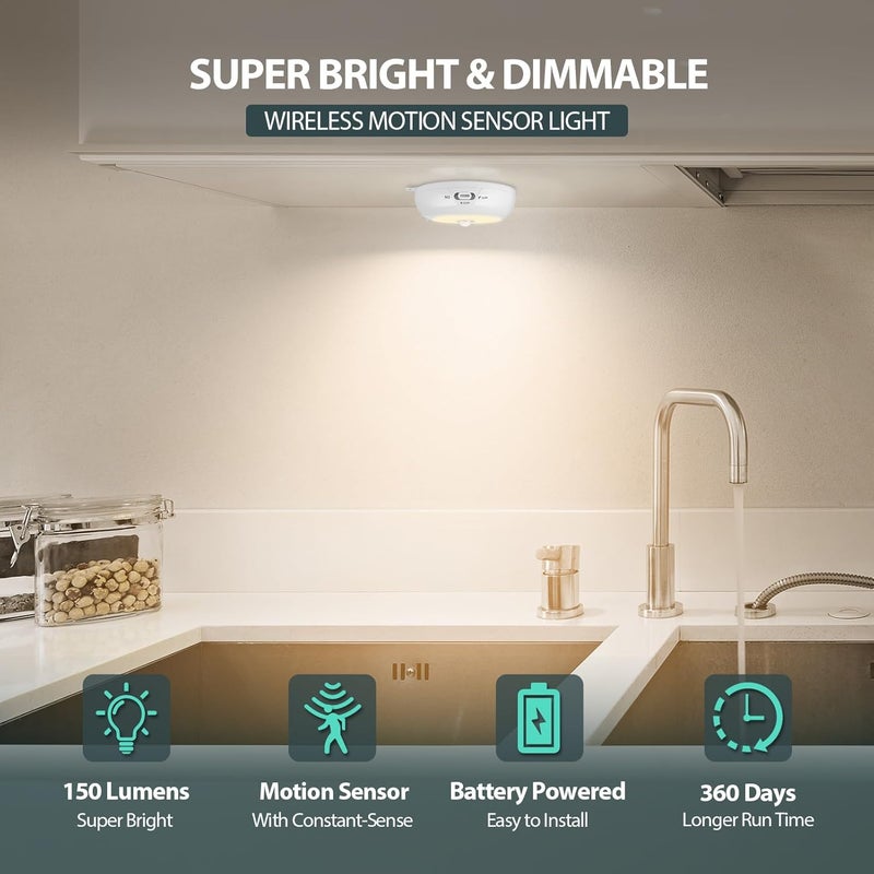 BLS 6-Pack 3.3" Under Cabinet Lighting, Closet Lights Motion Sensored Light Indoor AA Battery Operated, Magnetic Stick on LED Puck Light, Dimmable Under Counter Lights for Kitchen, 3000K Warm White - Image 2
