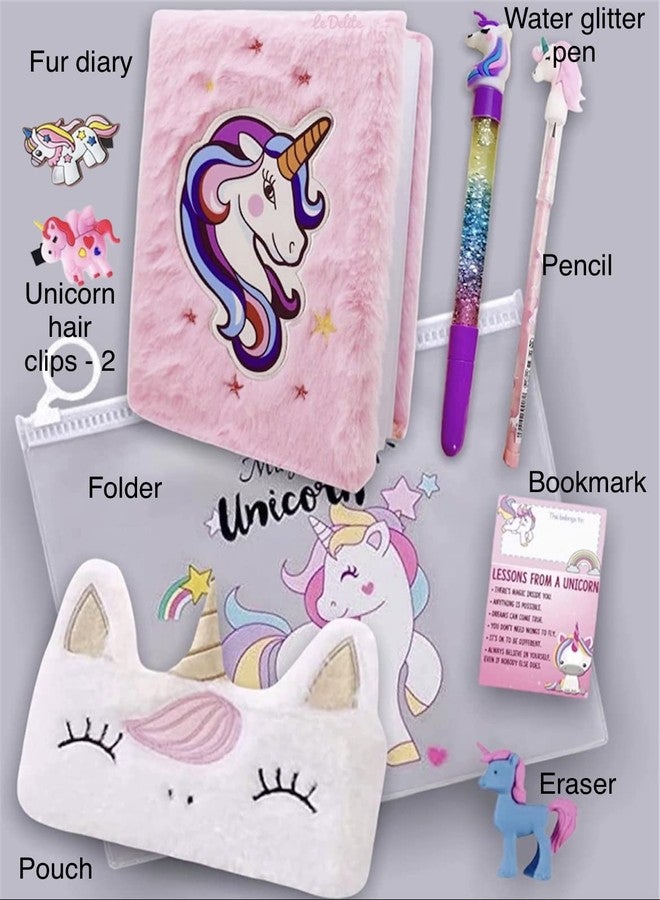 Le Delite unicorn fur diary for girls, furry notebook for girls with fur pouch, gel pen, bullet pencil,eraser,sharpener,keychain (pack of 9) unicorn combo gift for girls kids (Folder combo) - Image 2