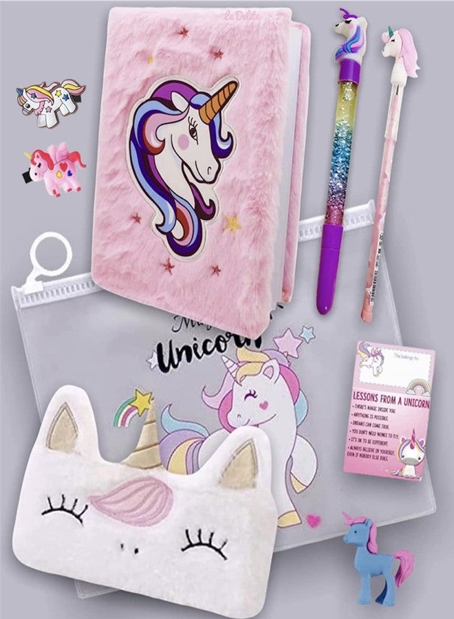 Le Delite unicorn fur diary for girls, furry notebook for girls with fur pouch, gel pen, bullet pencil,eraser,sharpener,keychain (pack of 9) unicorn combo gift for girls kids (Folder combo) - Image 1