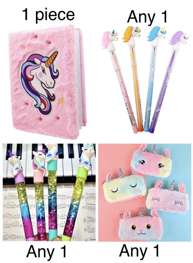 Le Delite unicorn fur diary for girls, furry notebook for girls with fur pouch, gel pen, bullet pencil,eraser,sharpener,keychain (pack of 9) unicorn combo gift for girls kids (Folder combo) - Image 3