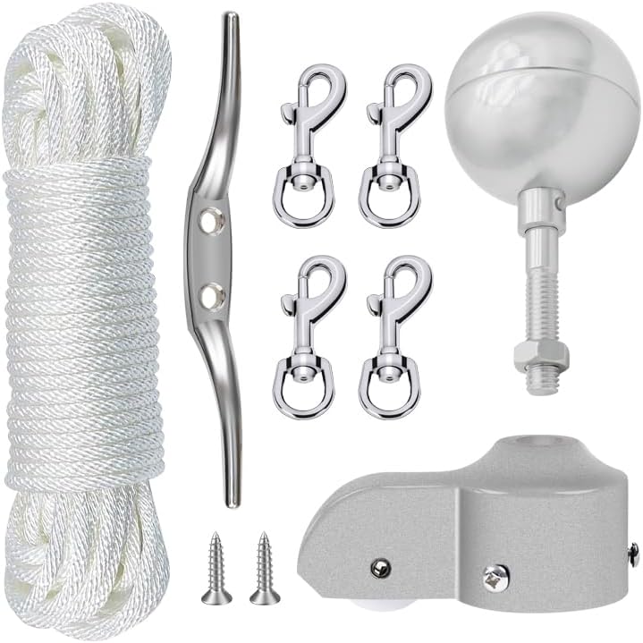 NQ Flagpole Hardware Repair Parts Kit,50 Feet Halyard Rope+3" Silver Ball+6" Zinc Alloy Cleat+4 Metal Swivel Snap Clips+Aluminum Alloy Flagpole Truck with Nylon Pulley for 1.6"-2" Flag Poles - Image 1