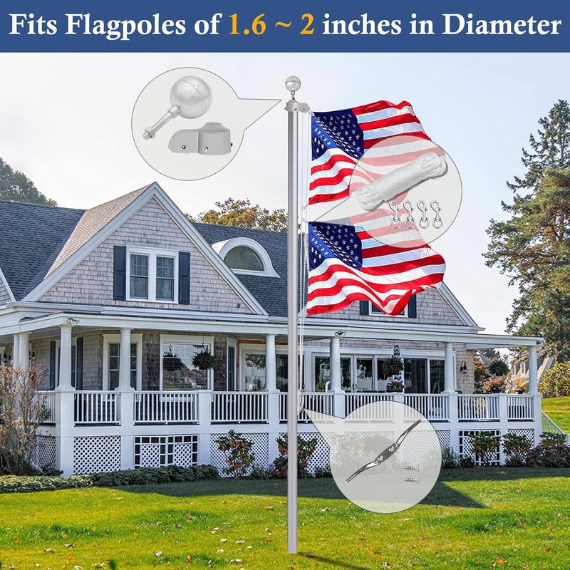 NQ Flagpole Hardware Repair Parts Kit,50 Feet Halyard Rope+3" Silver Ball+6" Zinc Alloy Cleat+4 Metal Swivel Snap Clips+Aluminum Alloy Flagpole Truck with Nylon Pulley for 1.6"-2" Flag Poles - Image 2