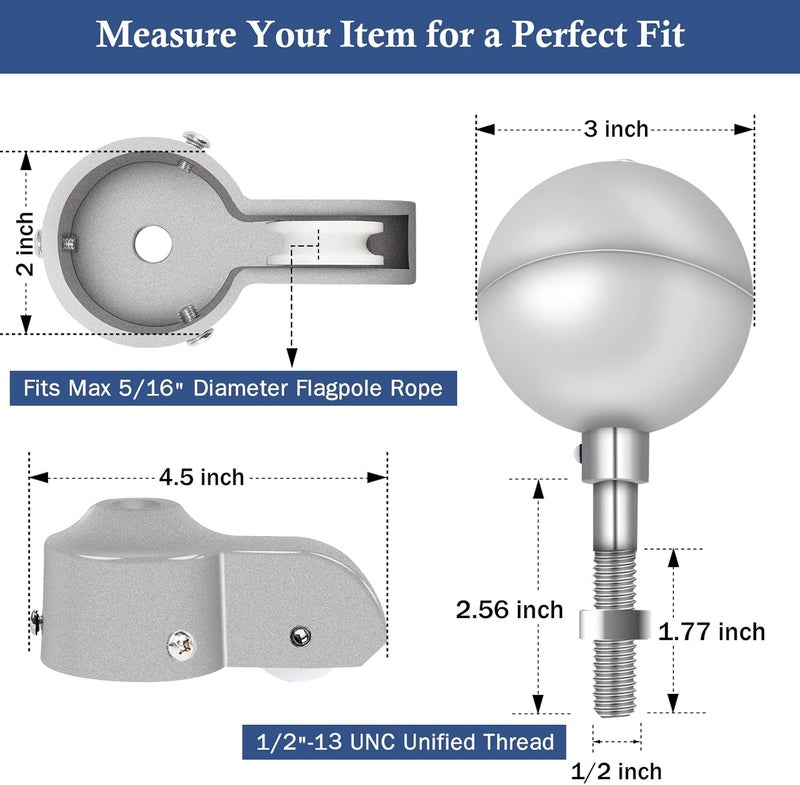 NQ Flagpole Hardware Repair Parts Kit,50 Feet Halyard Rope+3" Silver Ball+6" Zinc Alloy Cleat+4 Metal Swivel Snap Clips+Aluminum Alloy Flagpole Truck with Nylon Pulley for 1.6"-2" Flag Poles - Image 3