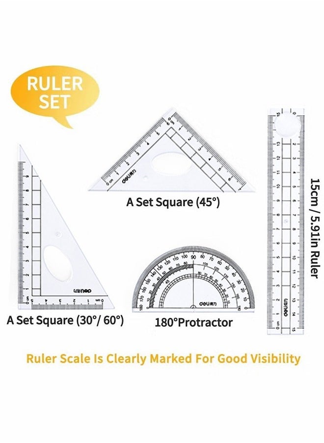HY Math Geometry Tool Plastic Clear Ruler Sets Protractor Triangular Ruler Drawing Compass for School Student Classroom, High Quality Material for Long Time and Durable Use  - Image 2