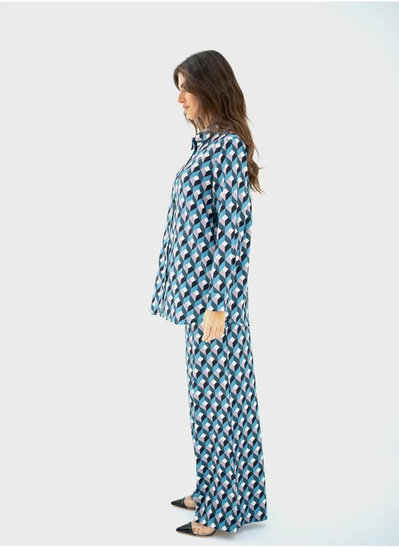 Hassal Button Down Shirt And High Waist Pants Set
