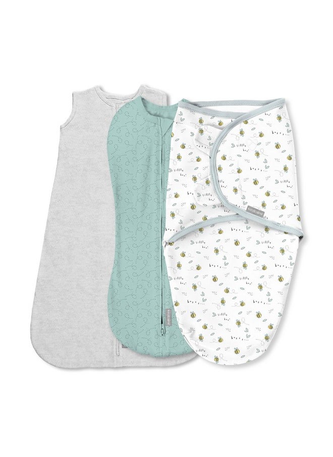 SwaddleMe SwaddleMe by Ingenuity Swaddle, Compression Pod, & Sleep Sack Set, Gift Set, 0-3 Months, 3-Pack - Little Bees  - Image 1