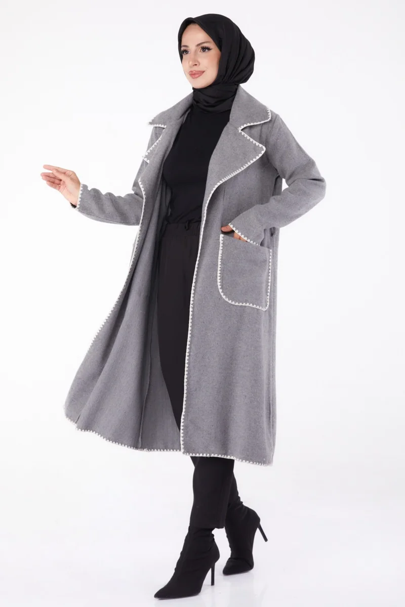 Tofisa Plain Double Breasted Women's Gray Embroidered Detailed Coat - 13284