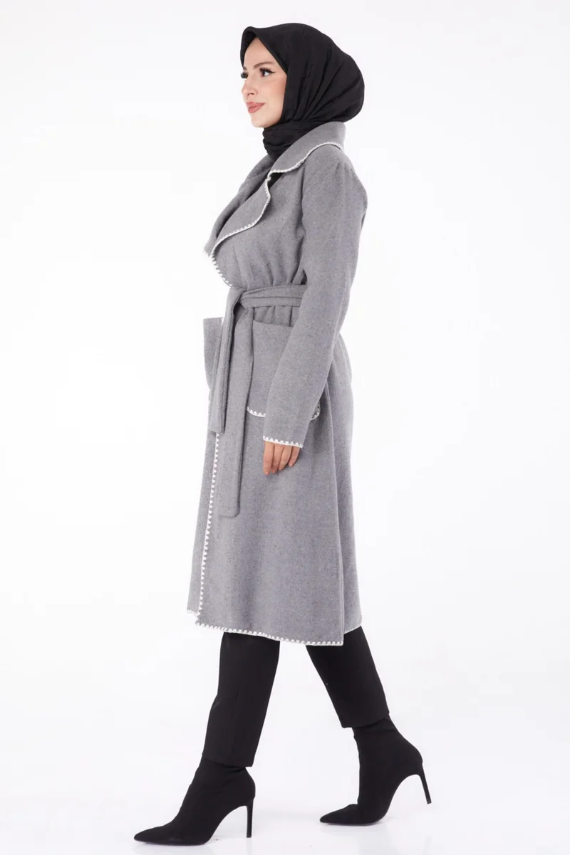 Tofisa Plain Double Breasted Women's Gray Embroidered Detailed Coat - 13284