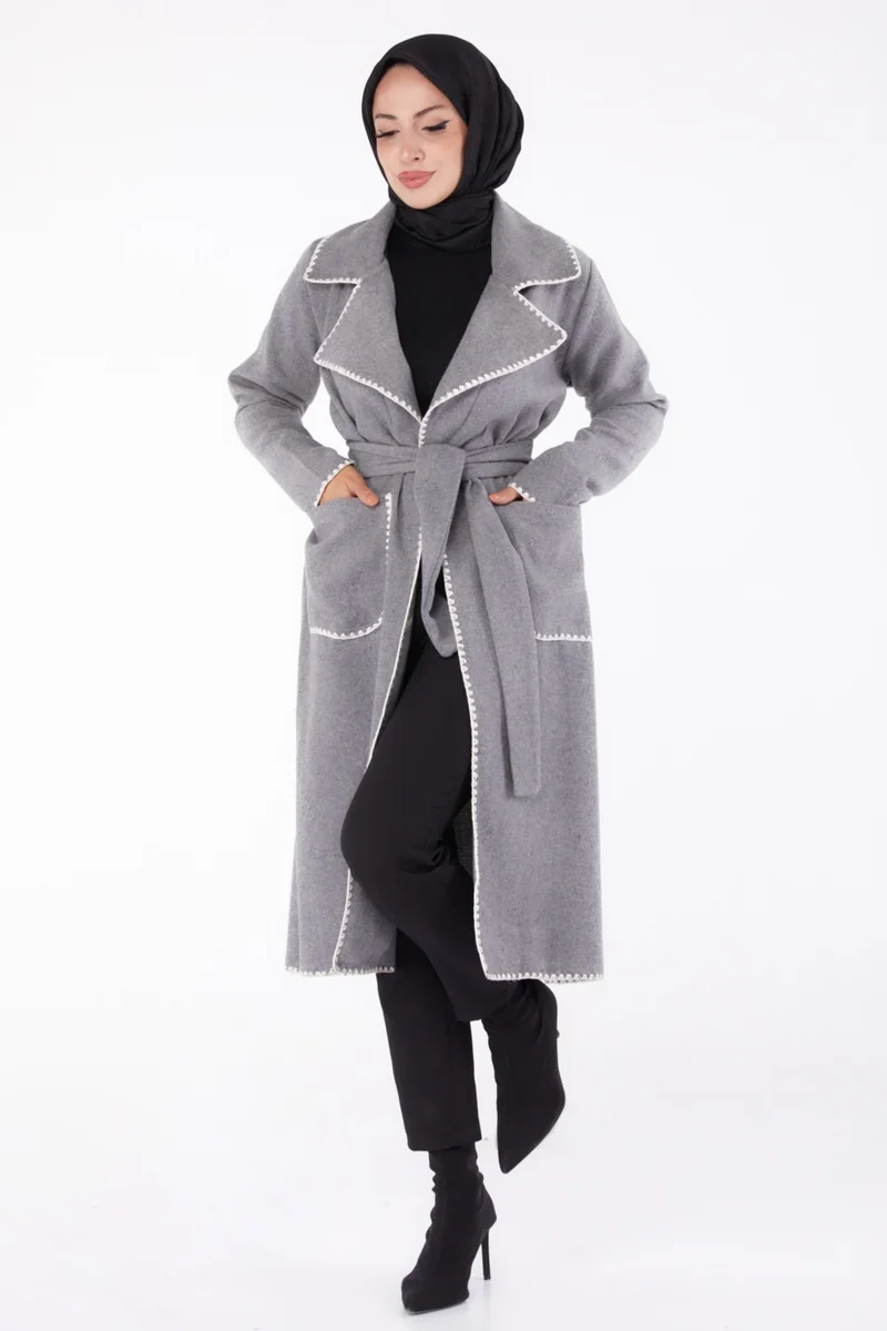 Tofisa Plain Double Breasted Women's Gray Embroidered Detailed Coat - 13284