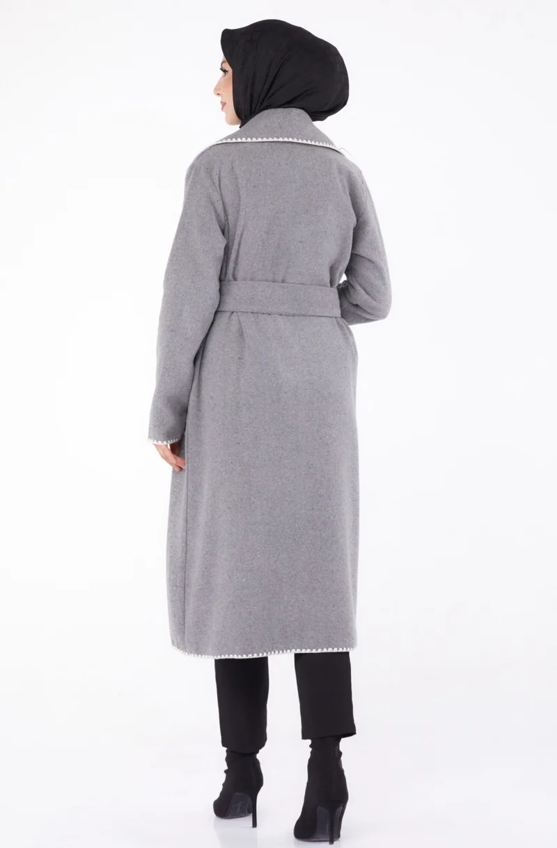 Tofisa Plain Double Breasted Women's Gray Embroidered Detailed Coat - 13284