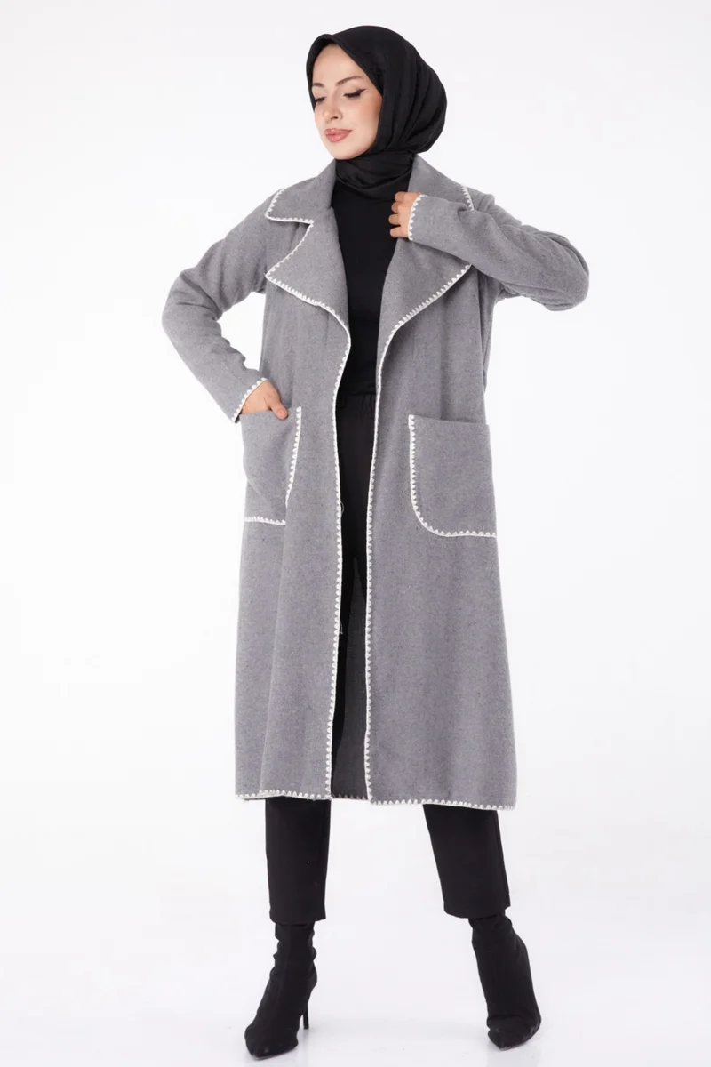 Tofisa Plain Double Breasted Women's Gray Embroidered Detailed Coat - 13284