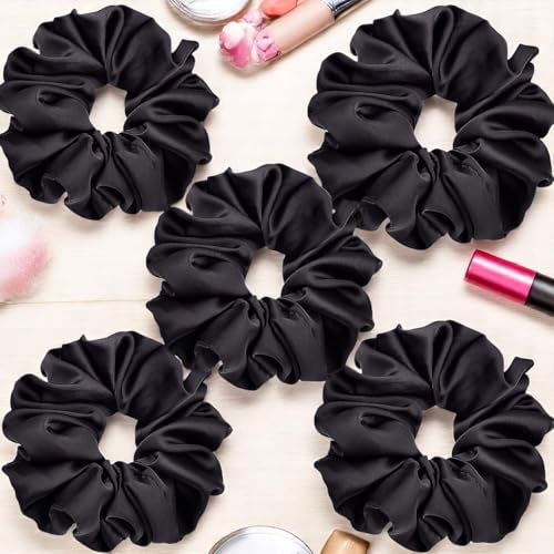 Frescorr (5 pcs) Luxury Black Silk Satin Hair Scrunchies For Women & Girls | Pack Of 5 | Rubber Band | Hair Ties | Ponytail Holders - Image 2