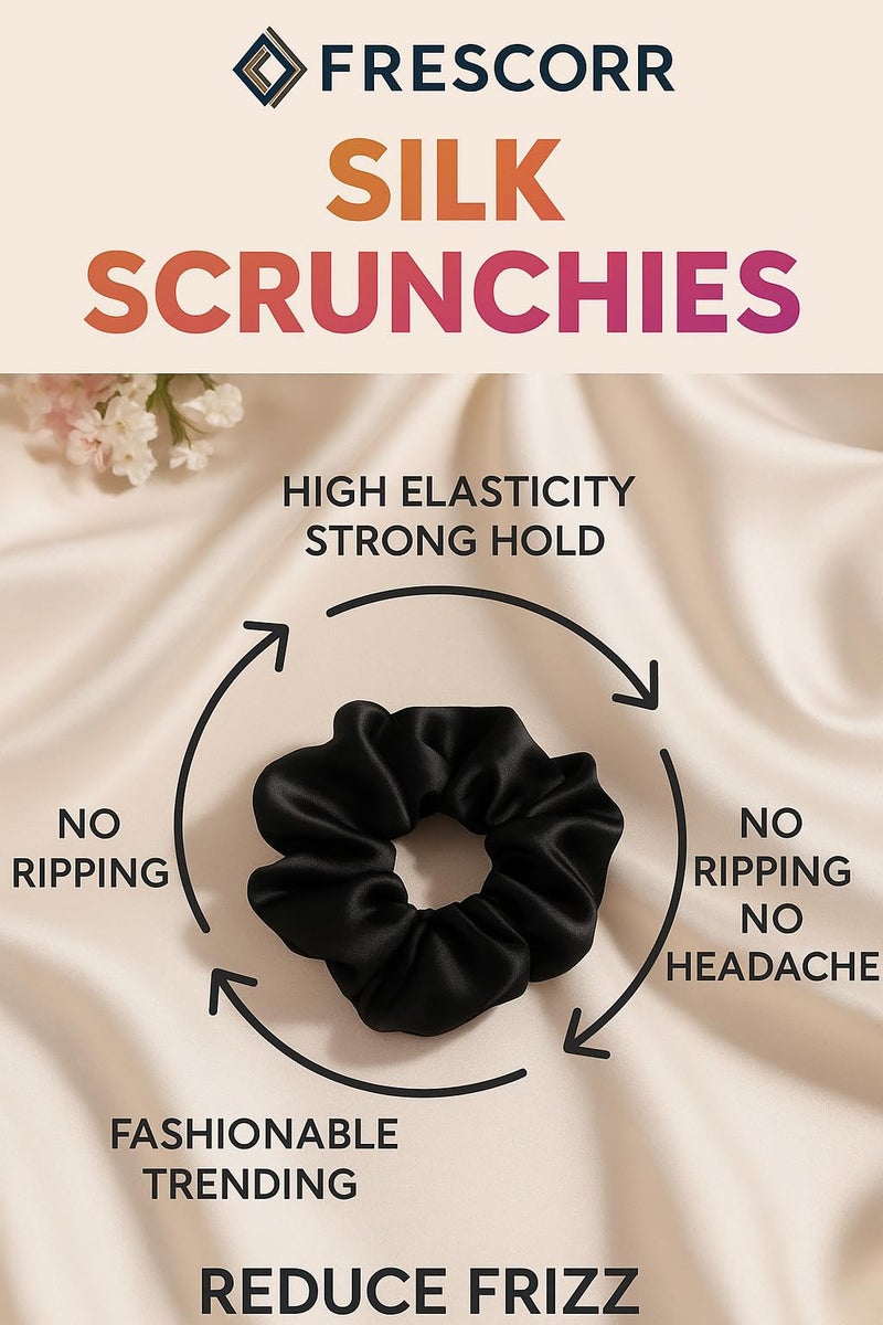 Frescorr (5 pcs) Luxury Black Silk Satin Hair Scrunchies For Women & Girls | Pack Of 5 | Rubber Band | Hair Ties | Ponytail Holders - Image 5