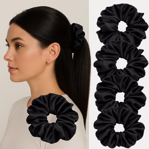 Frescorr (5 pcs) Luxury Black Silk Satin Hair Scrunchies For Women & Girls | Pack Of 5 | Rubber Band | Hair Ties | Ponytail Holders - Image 1