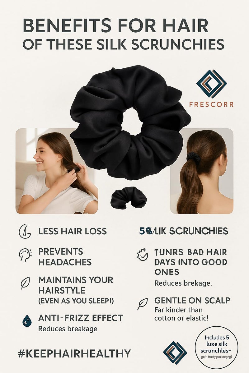 Frescorr (5 pcs) Luxury Black Silk Satin Hair Scrunchies For Women & Girls | Pack Of 5 | Rubber Band | Hair Ties | Ponytail Holders - Image 3