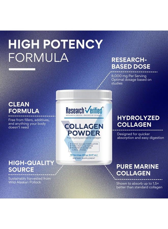 research verified ® Collagen Powder - Hydrolyzed Marine Collagen - Unflavored - Skin Hydration and Elasticity, Joint Function, Muscle Recovery, - Non GMO - 30 Scoops Per Container - 1 Month Supply - Image 3