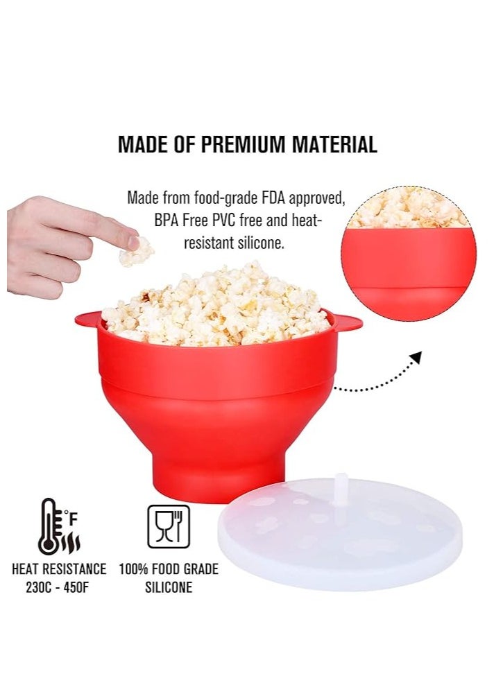 Mmmon Popcorn Bowl Microwave Machine Popcorn Popper Makers Silicone Hot Air Collapsible Popcorn Containers with Lid and Handles BPA Free,Dishwasher Safe(Red)  - Image 2