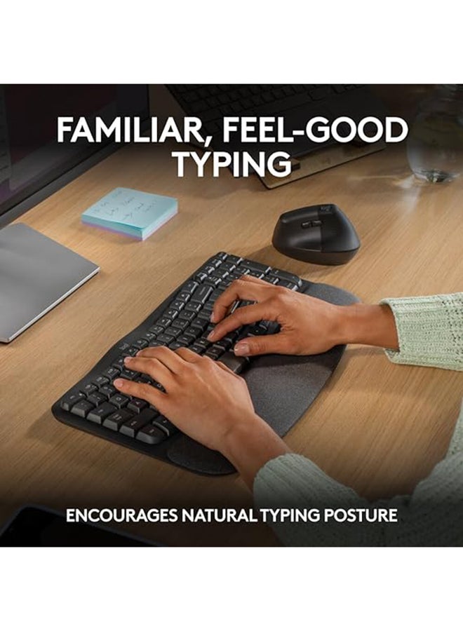 Logitech Wave Keys Wireless Ergonomic Keyboard with Cushioned Palm Rest, Comfortable Natural Typing, Easy-Switch, Bluetooth, Logi Bolt Receiver, for Multi-OS, Windows/Mac, AR Layout - Graphite (Pc) Graphite - Image 4