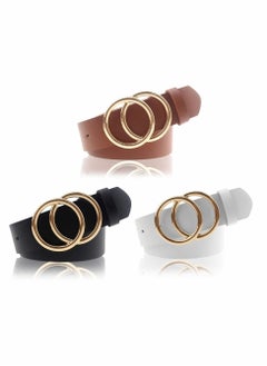 Women's PU Leather Belt, Set of 3 Double O Ring Soft Retro Faux Leather Waist Belt for Jeans Dresses