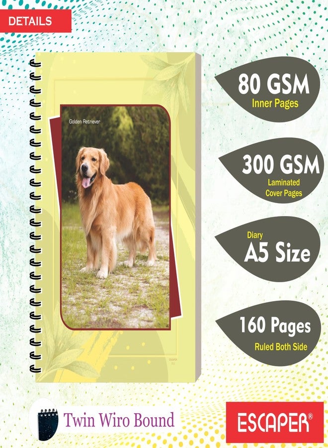 ESCAPER Dogs Designer Notebook, A5 Size, 160 Ruled Pages, Animal Diary, Stationery Notepad For Students, Spiral Notebook For Notes Writing, Personal & Office Diary (1, Cute Golden Retriever Dog) - Image 2