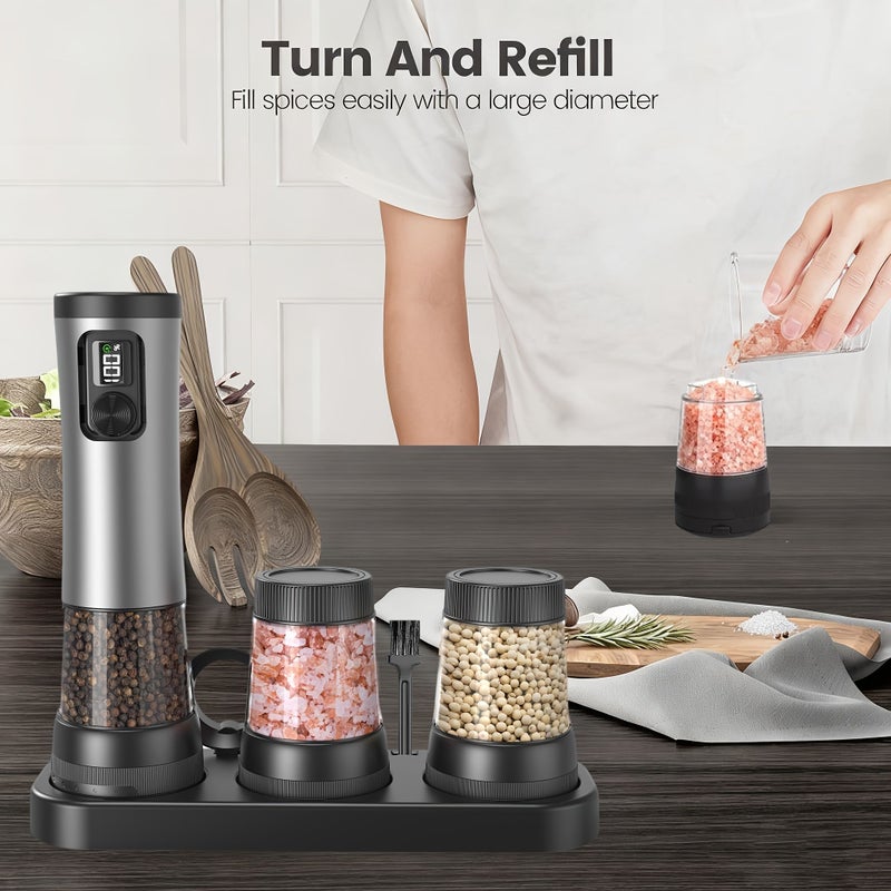 Black Stainless Steel Electric Salt And Pepper Grinder Set Multifunction Kitchen Tool - Image 5