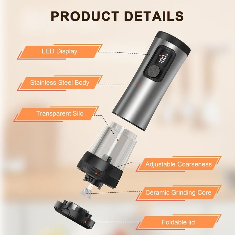 Black Stainless Steel Electric Salt And Pepper Grinder Set Multifunction Kitchen Tool - Image 2