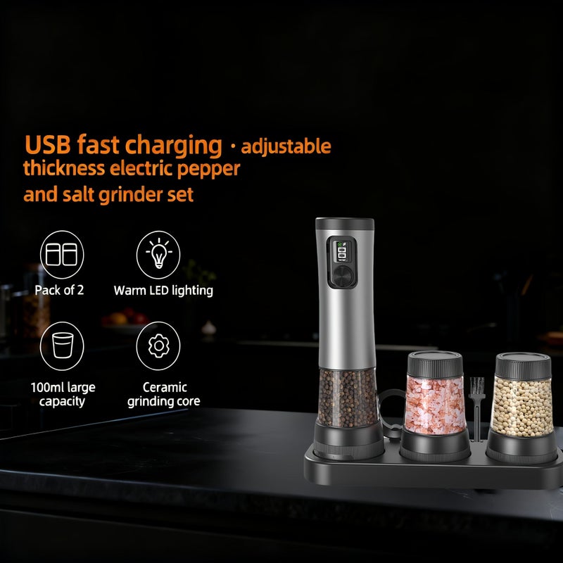 Black Stainless Steel Electric Salt And Pepper Grinder Set Multifunction Kitchen Tool - Image 4