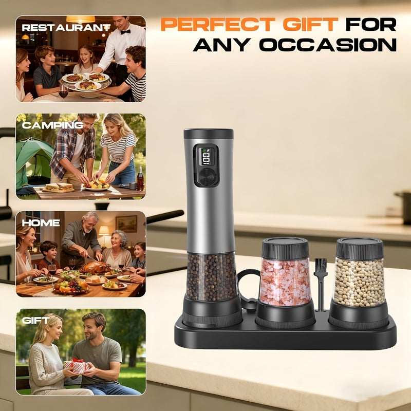 Black Stainless Steel Electric Salt And Pepper Grinder Set Multifunction Kitchen Tool - Image 1