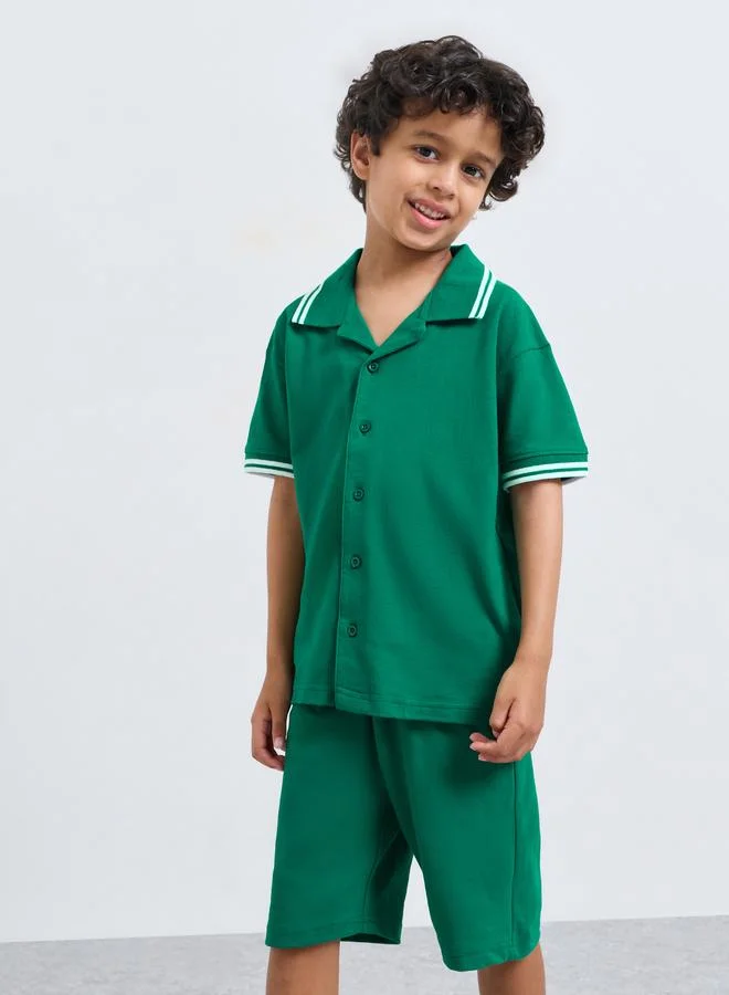 Styli Boys Pique Button Front Shirt and Shorts Set