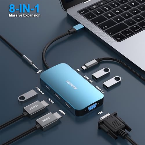 BENFEI USB C Docking Station 8in1 USB C Hub with Triple Display Dual HDMI VGA 3USB 30 100W Power Delivery 35mm AUX Audio Compatible with MacBook Pro XPS and More - Image 3