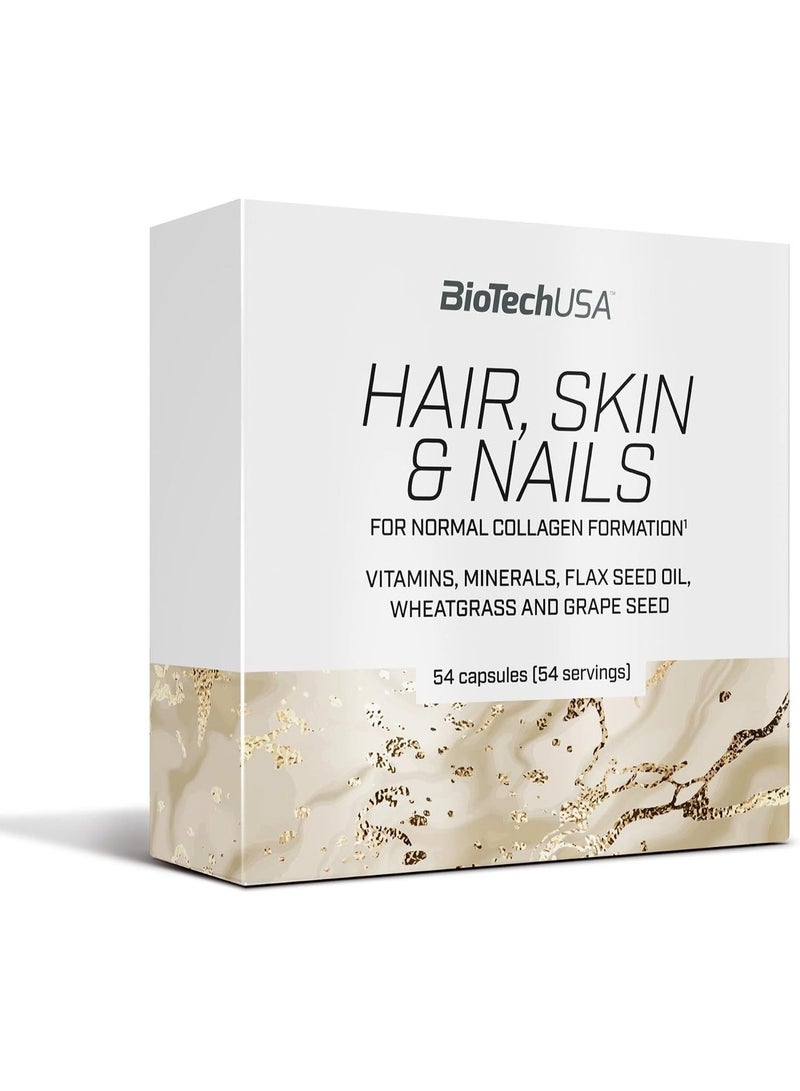 BioTechUSA Hair, Skin & Nails Supplement 54 Capsules, Biotin, Zinc, Selenium, Vitamin C, Copper, L-Methionine, Flaxseed Oil, Wheatgrass and Grape Seed Extract - Image 1