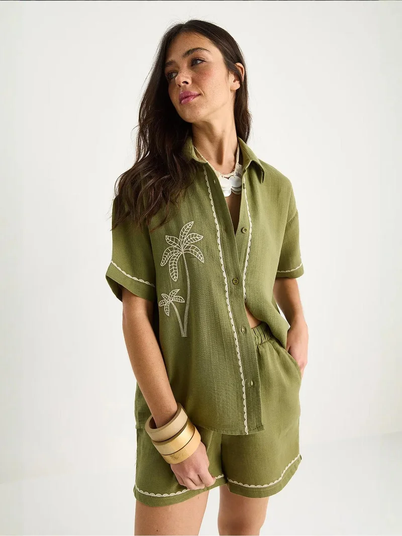 Bianco Lucci LUCCI Embroidered Cotton Two-Piece Co-Ord Set with Shirt Collar