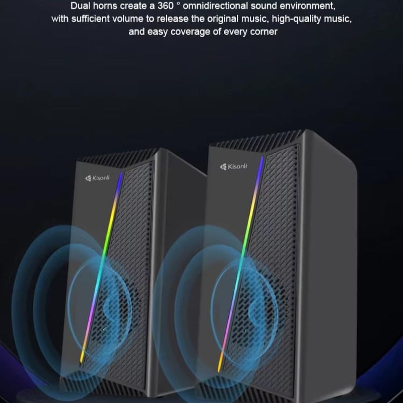 For Kisonli Multimedia Computer Speaker Wired – 6W (3W*2.0 Channel Stereo) – Dynamic RGB Lighting - Wired USB 2.0 Power + 3.5 mm audio Jack – for Gaming/Music/Laptop, Mobile | Black (X30) - Image 1
