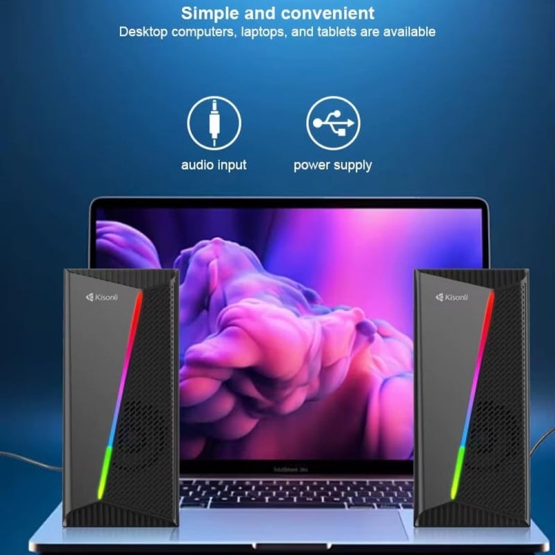 For Kisonli Multimedia Computer Speaker Wired – 6W (3W*2.0 Channel Stereo) – Dynamic RGB Lighting - Wired USB 2.0 Power + 3.5 mm audio Jack – for Gaming/Music/Laptop, Mobile | Black (X30) - Image 2